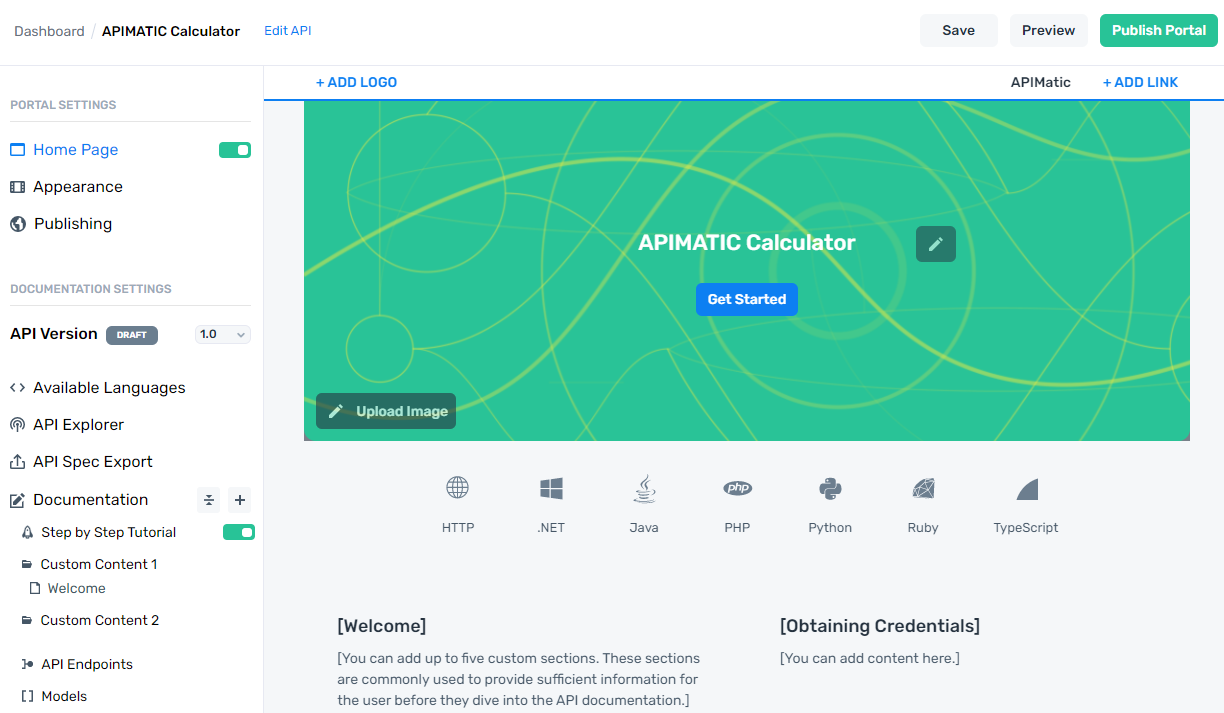 APIMatic Portal Editor Homepage