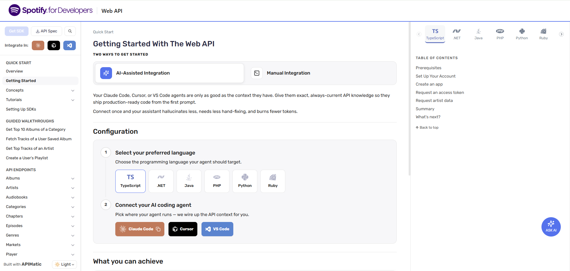 The Getting Started page showing the AI-Assisted Integration and Manual Integration path selector with the AI-assisted setup steps
