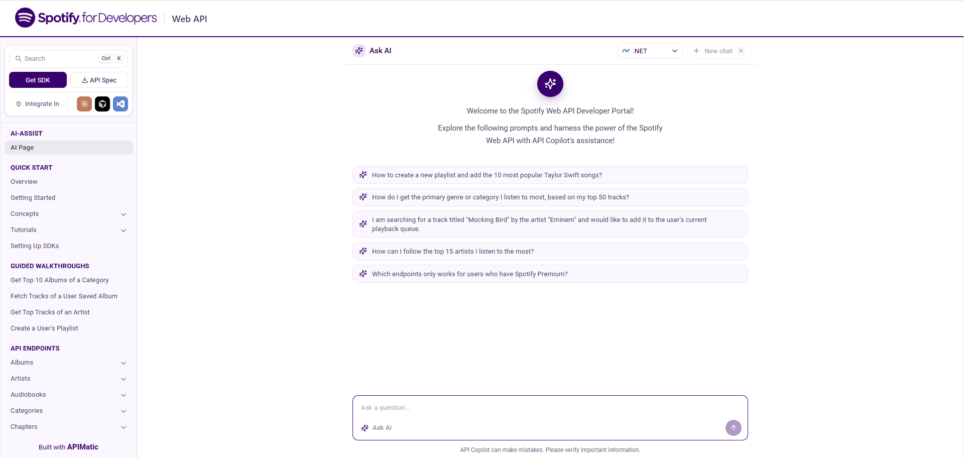 API Copilot Home, where the portal opens directly into API Copilot with a welcome message and assistive prompts