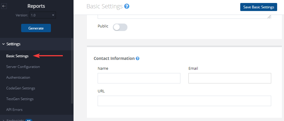 Contact info in Basic Settings in API editor