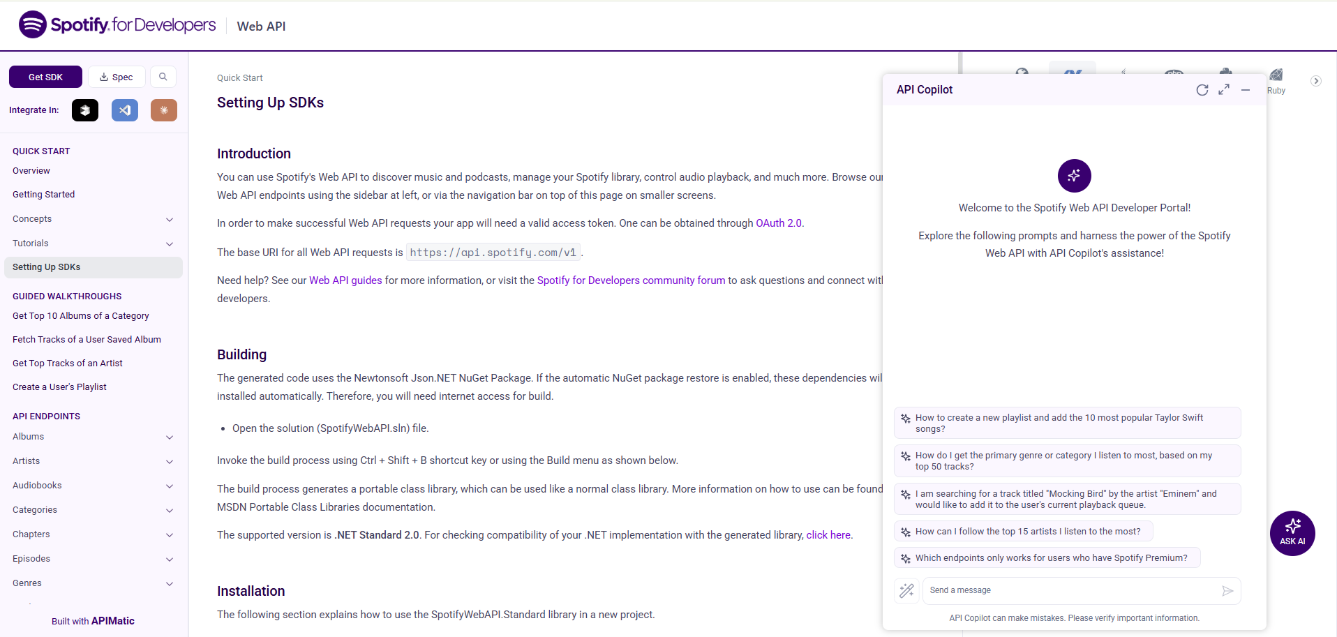 API Copilot as a floating overlay panel covering the documentation