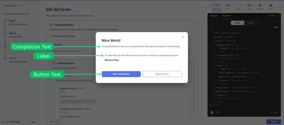 Custom text in the API Recipe finish modal
