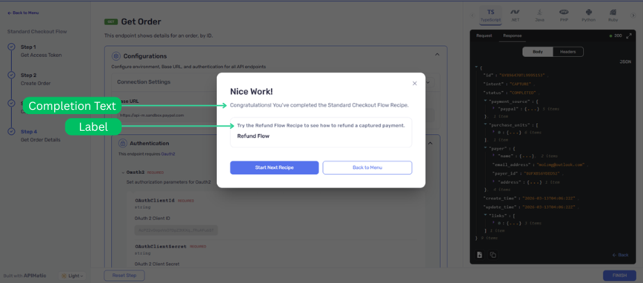 Custom text in the API Recipe finish modal