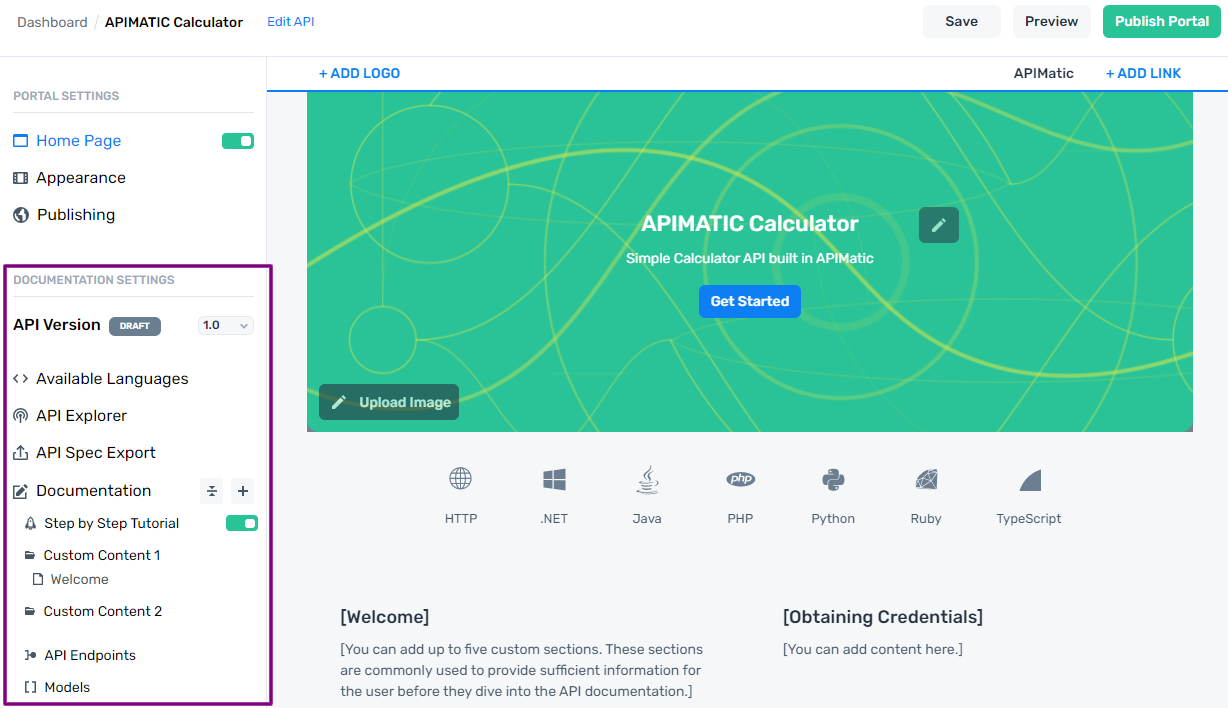 APIMatic Portal Doc Settings