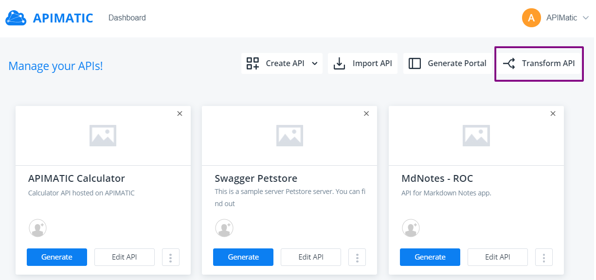 APIMatic Transformer Dashboard