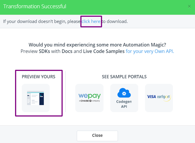 APIMatic Transformer Successful