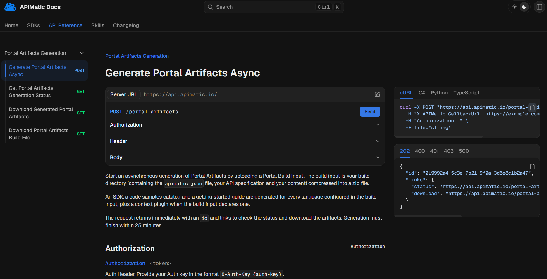 An endpoint page in the API Reference tab, with the server URL, the Send button, code samples, and example responses