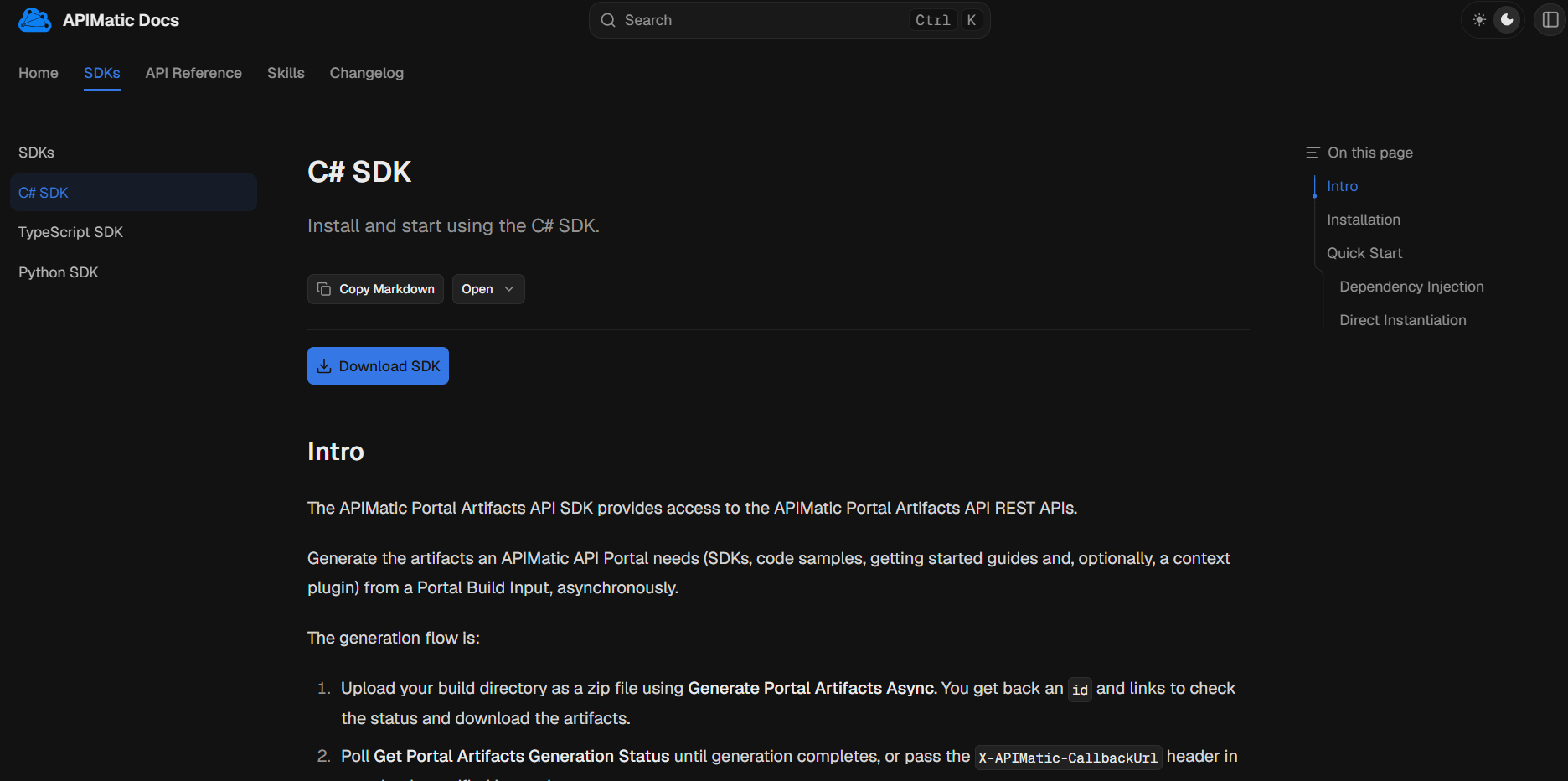 The getting started page of the C# SDK